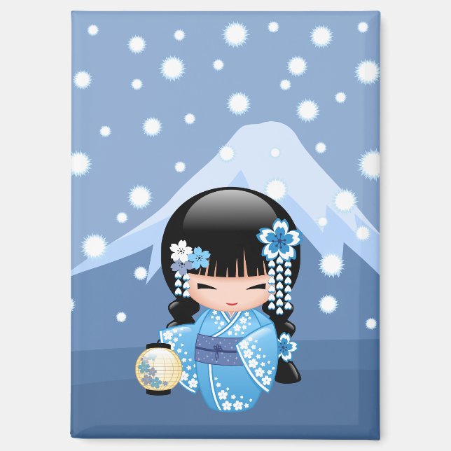 Winter Kokeshi Doll - Blue Mountain Geisha Girl Magnet (Vorderseite)