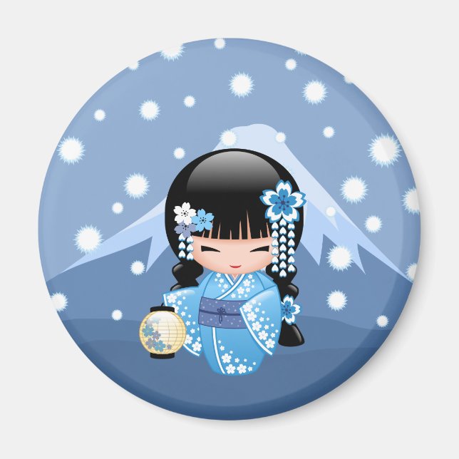 Winter Kokeshi Doll - Blue Mountain Geisha Girl Magnet (Vorne)