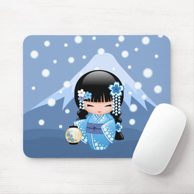 Winter Kokeshi Doll - Blue Mountain Geisha Girl Mousepad (Mit Mouse)