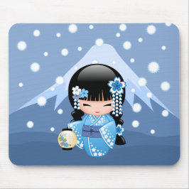 Winter Kokeshi Doll - Blue Mountain Geisha Girl Mousepad