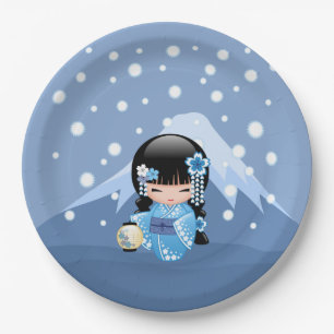 Winter Kokeshi Doll - Blue Mountain Geisha Girl Pappteller