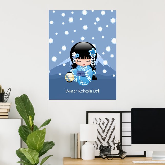 Winter Kokeshi Doll - Blue Mountain Geisha Girl Poster (Heimbüro)