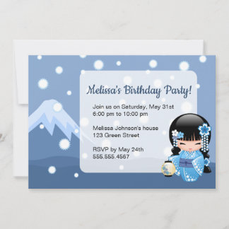 Winter Kokeshi Doll - Geisha Girl Birthday Party Einladung