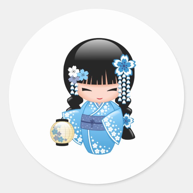 Winter Kokeshi Doll - Niedliches japanisches Geish Runder Aufkleber (Vorderseite)