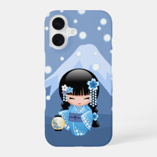 Winter-Kokeshi-Puppe - Blaue Berg-Geisha iPhone 16 Hülle