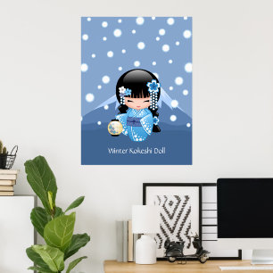 Winter-Kokeshi-Puppe - Blaue Berg-Geisha Poster