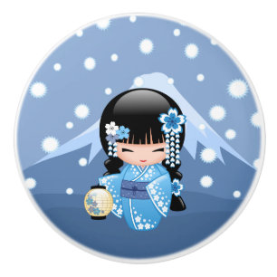Winter Kokeshi Puppe - blaues Keramikknauf