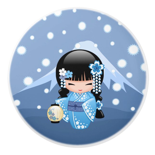 Winter Kokeshi Puppe - blaues Keramikknauf (Vorderseite)
