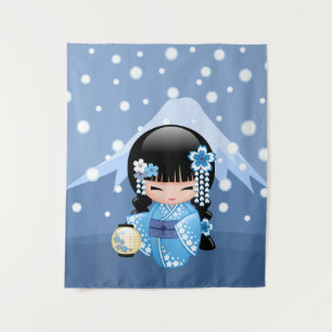 Winter Kokeshi Puppe - blaues Wandteppich