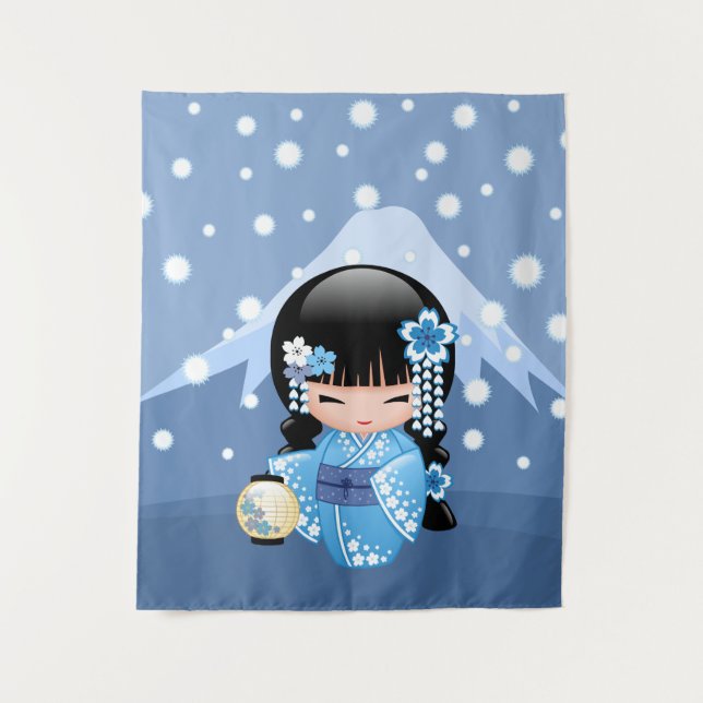 Winter Kokeshi Puppe - blaues Wandteppich (Vorderseite)
