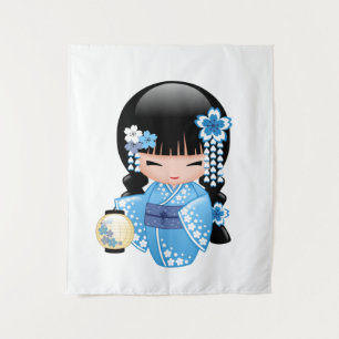 Winter-Kokeshi-Puppe - Geisha-Mädchen im blauen Ki Wandteppich