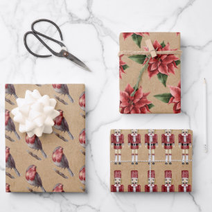 Winter Kraft Robin Nutcracker Poinsettia Geschenkpapier Set