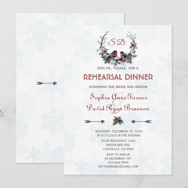 Winter-Kranz Berries Bullfinch Probe Abendessen Einladung (Vorne/Hinten)