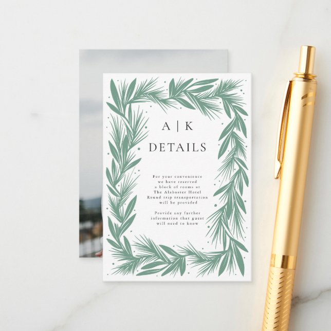 Winter Kranz Moderne Hochzeitdetails Grün Begleitkarte (Vorderseite/Rückseite Beispiel)
