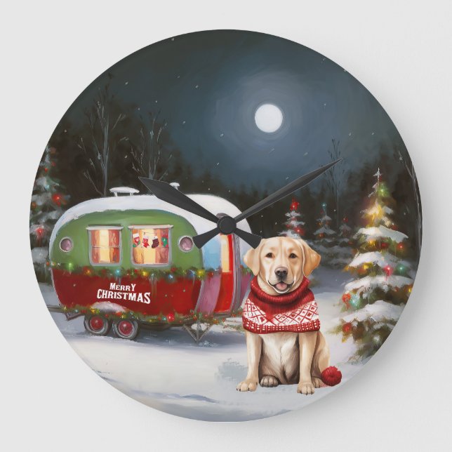 Winter Labrador Caravan Weihnachtsabenteuer Große Wanduhr (Vorderseite)