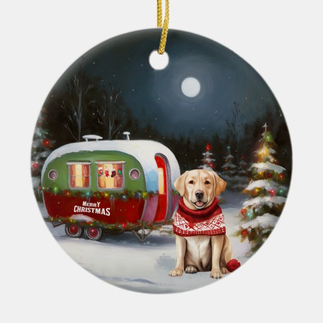 Winter Labrador Caravan Weihnachtsabenteuer Keramik Ornament (Vorne)