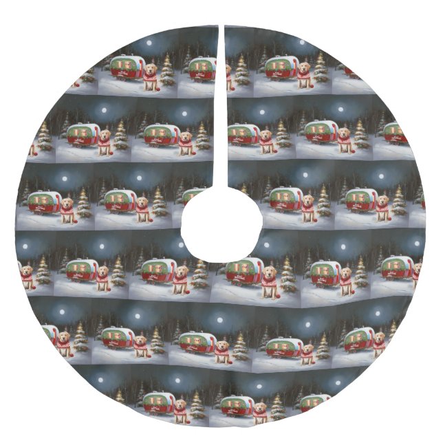 Winter Labrador Caravan Weihnachtsabenteuer Polyester Weihnachtsbaumdecke (Vorderseite)