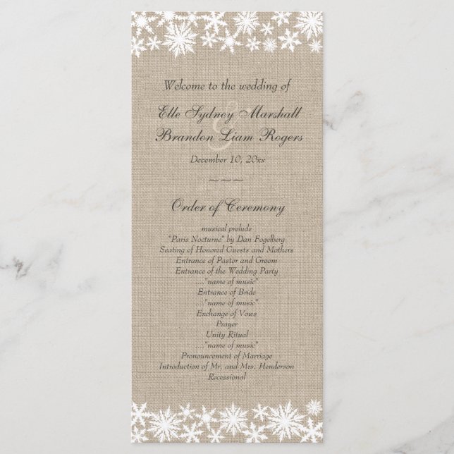 Winter Lace on Burlap Wedding Programm (Vorderseite)