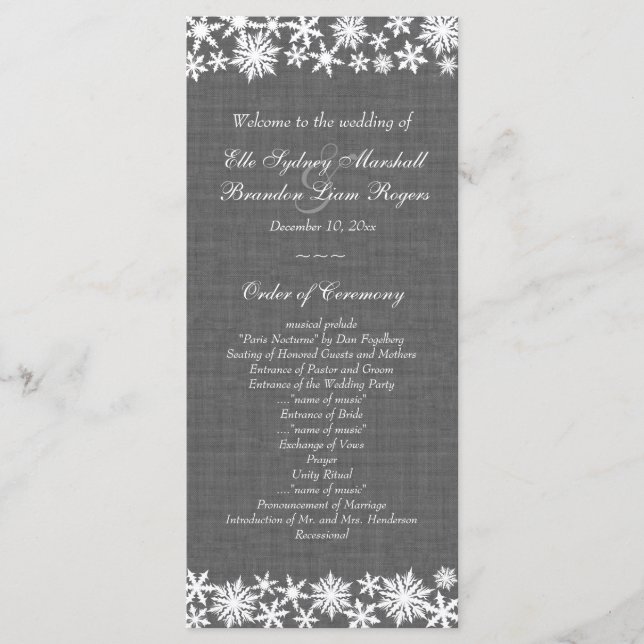Winter Lace on Gray Linen Wedding Program Programm (Vorderseite)