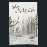 Winter Landschaft Baby seine kalte Außenwelt Geschirrtuch<br><div class="desc">Winterlandschaft Küchentücher,  mit "baby it's Cold Outside" in trendiger Schriftzeichen versehen. Dieses rustikale Landdesign hat eine Aquarelllandschaft mit einem schneebedeckten Waldweg,  einem See mit Ente,  einem Rotkehlchen und einer Eule auf dem Baumschwung.</div>