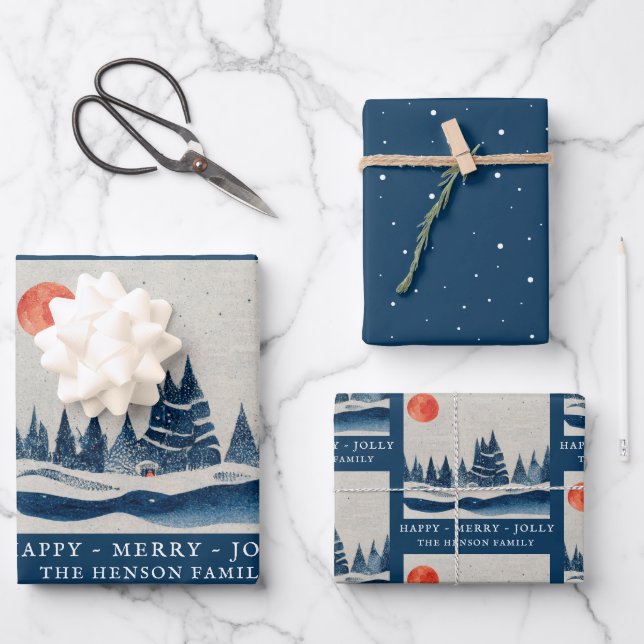 Winter Landschaft Forest Moon Navy Blau Zeichnend Geschenkpapier Set (Vorderseite)
