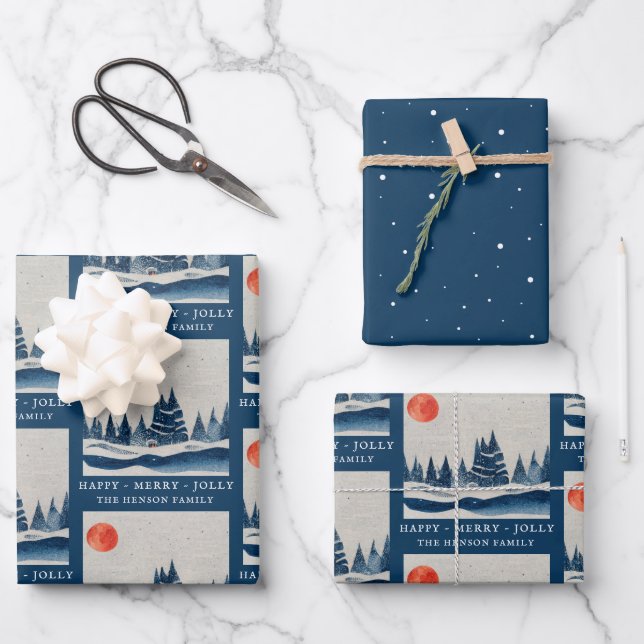 Winter Landschaft Forest Moon Navy Blau Zeichnend Geschenkpapier Set (Vorderseite)