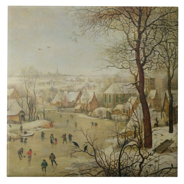 Winter-Landschaft mit Vogel-Falle (Öl auf Platte) Fliese (Vorderseite)
