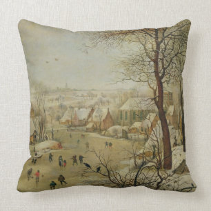 Winter-Landschaft mit Vogel-Falle (Öl auf Platte) Kissen