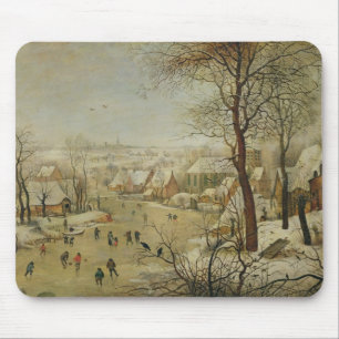 Winter-Landschaft mit Vogel-Falle (Öl auf Platte) Mousepad