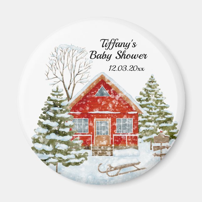Winter Landschaft Red House Kinderdusche Magnet (Vorne)