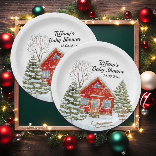 Winter Landschaft Red House Kinderdusche Pappteller (Von Creator hochgeladen)