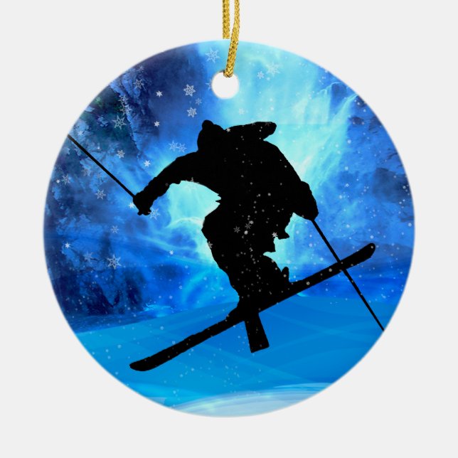 Winter-Landschaft und Freistil-Skifahrer Keramikornament (Vorne)