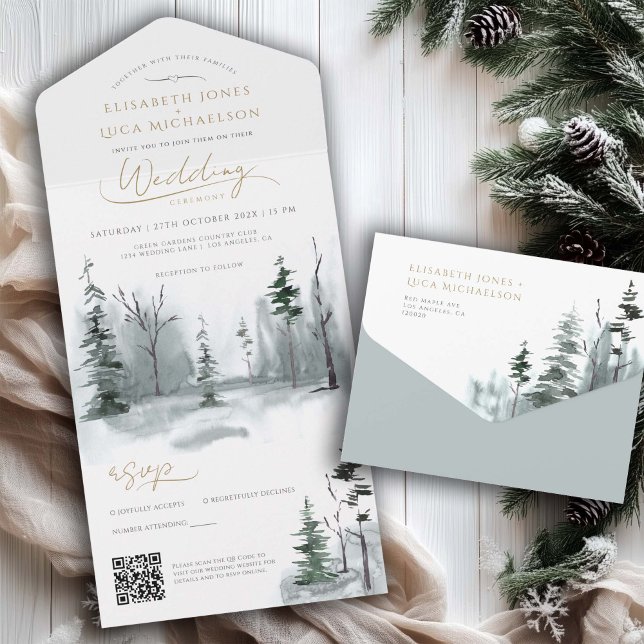 Winter-Landschaft Waldland Hochzeit QR-Code All In One Einladung (Von Creator hochgeladen)