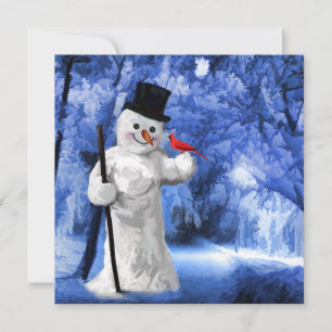 Winter Lane Snowman mit Rotem Kardinal Malerei Feiertagskarte