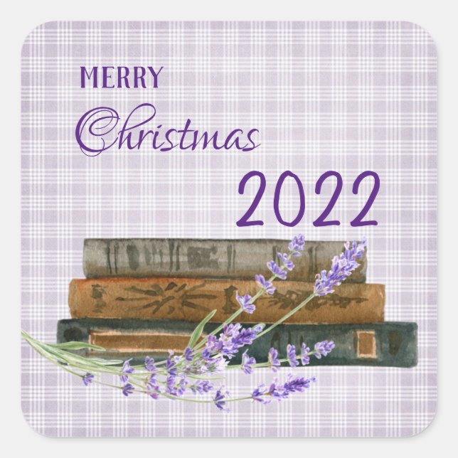Winter Lavender Book Frohe Weihnachts-Happy Holida Quadratischer Aufkleber (Vorderseite)