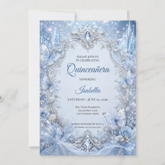 Winter Light Blue Silver Princess Quinceañera Einladung