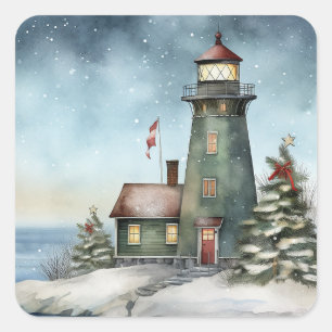 Winter Lighthouse Nautical Beach Weihnachtsurlaub Quadratischer Aufkleber