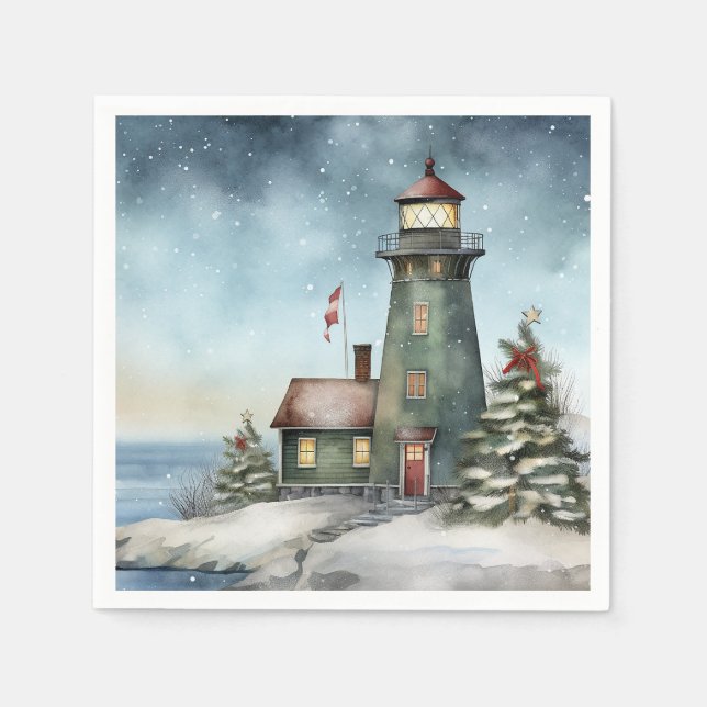 Winter Lighthouse Nautical Beach Weihnachtsurlaub Serviette (Vorderseite)