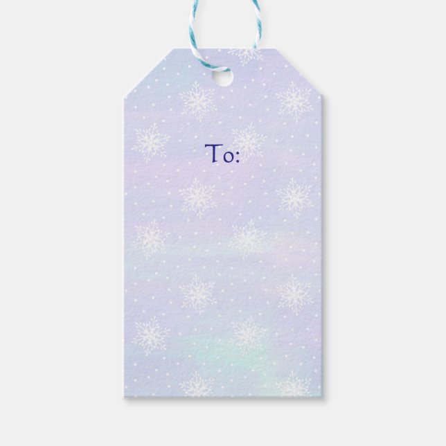 Winter Lila Blue Sky White Snowflakes Polka Dots Geschenkanhänger (Vorderseite)