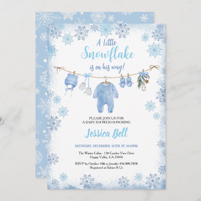 Winter Little Snowflake Baby Shower Boy Blue Einladung (Vorne/Hinten)