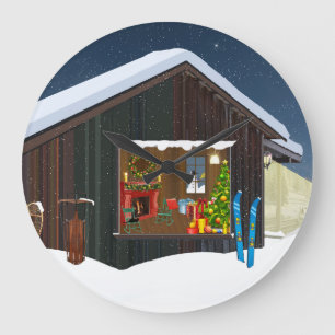 WINTER LOG CABIN SZENE WANDSCHALTER SCHLIESSEN GROßE WANDUHR