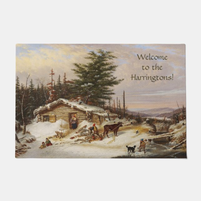 Winter Log House Art Custom Text Doormat Fußmatte (Vorderseite)