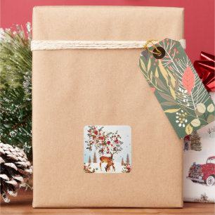 Winter Love Bird Weihnachtsbaum Wasserfarbe Quadratischer Aufkleber