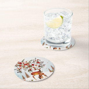 Winter Love Bird Weihnachtsbaum Wasserfarbe Runder Pappuntersetzer