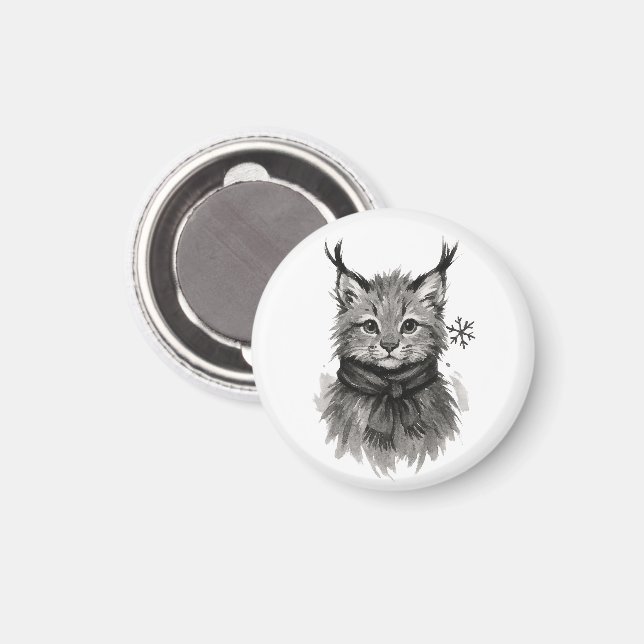 Winter Lynx Cat in Scarf – Animal Illustration on  Magnet (Vorderseite/Rückseite)