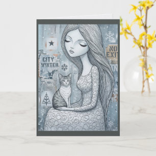 Winter-Mädchen-Katz-Fantasy-Prinzessin-Weihnachtsk Karte