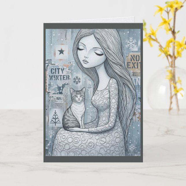 Winter-Mädchen-Katz-Fantasy-Prinzessin-Weihnachtsk Karte (Gelbe Blume)