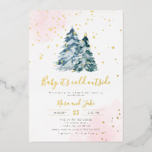 Winter Mädchen Rosa Gold Schneeflocken Babyparty Folieneinladung
