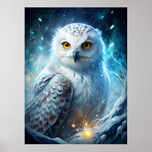 Winter-Magie-Schneeeule – Mystischer blauer Wald Poster