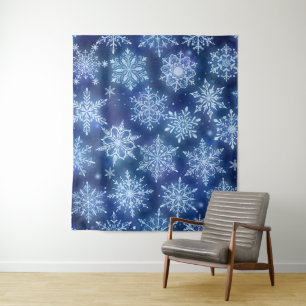 Winter-Magie-Schneeflocken Tiefblauer Himmel Wandteppich